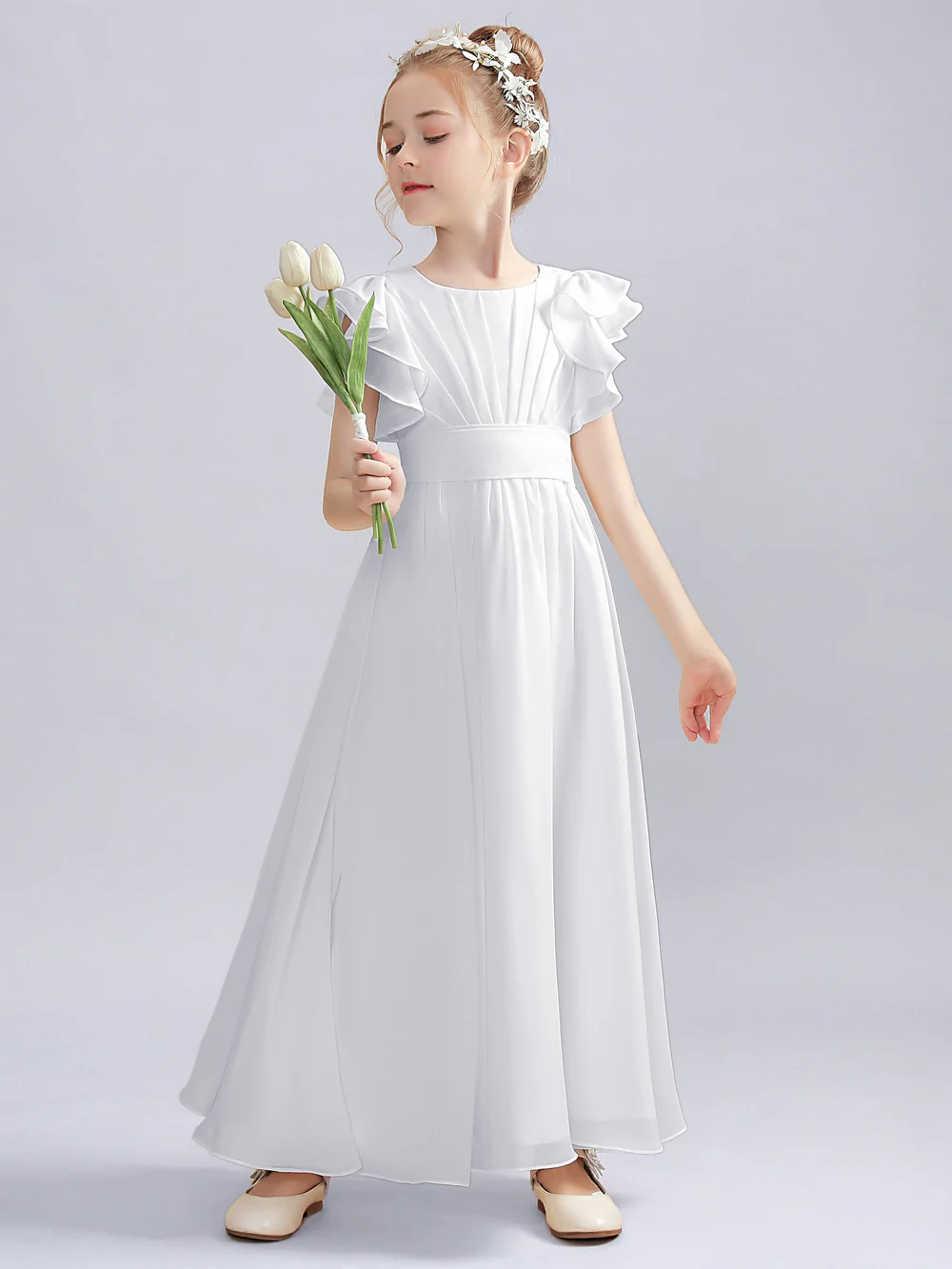 A-Line Flutter straps Scoop Neck Floor-Length Ivory Chiffon Flower Girl Dresses/First Communion Dress Gidiondress White 12M
