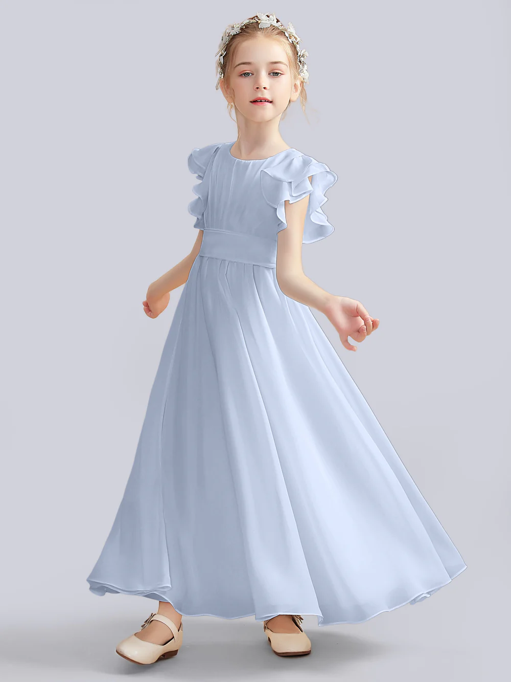 A-Line Flutter straps Scoop Neck Floor-Length Ivory Chiffon Flower Girl Dresses/First Communion Dress Gidiondress Sky Blue 12M