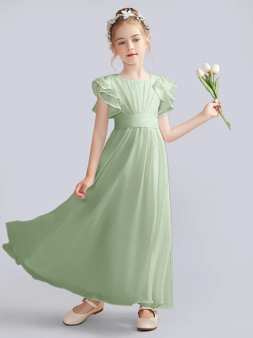 A-Line Flutter straps Scoop Neck Floor-Length Ivory Chiffon Flower Girl Dresses/First Communion Dress Gidiondress Dusty Sage 12M