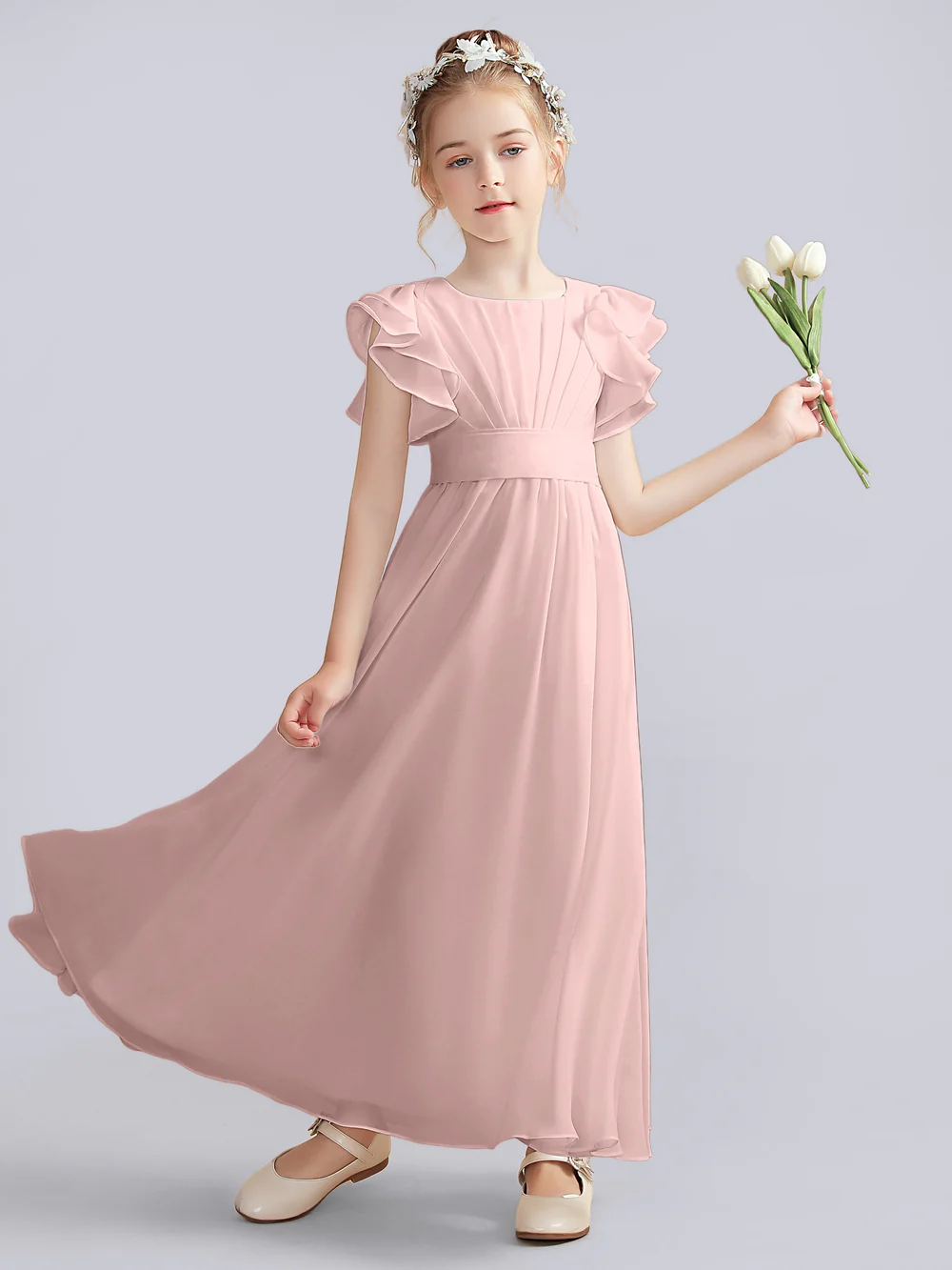 A-Line Flutter straps Scoop Neck Floor-Length Ivory Chiffon Flower Girl Dresses/First Communion Dress Gidiondress