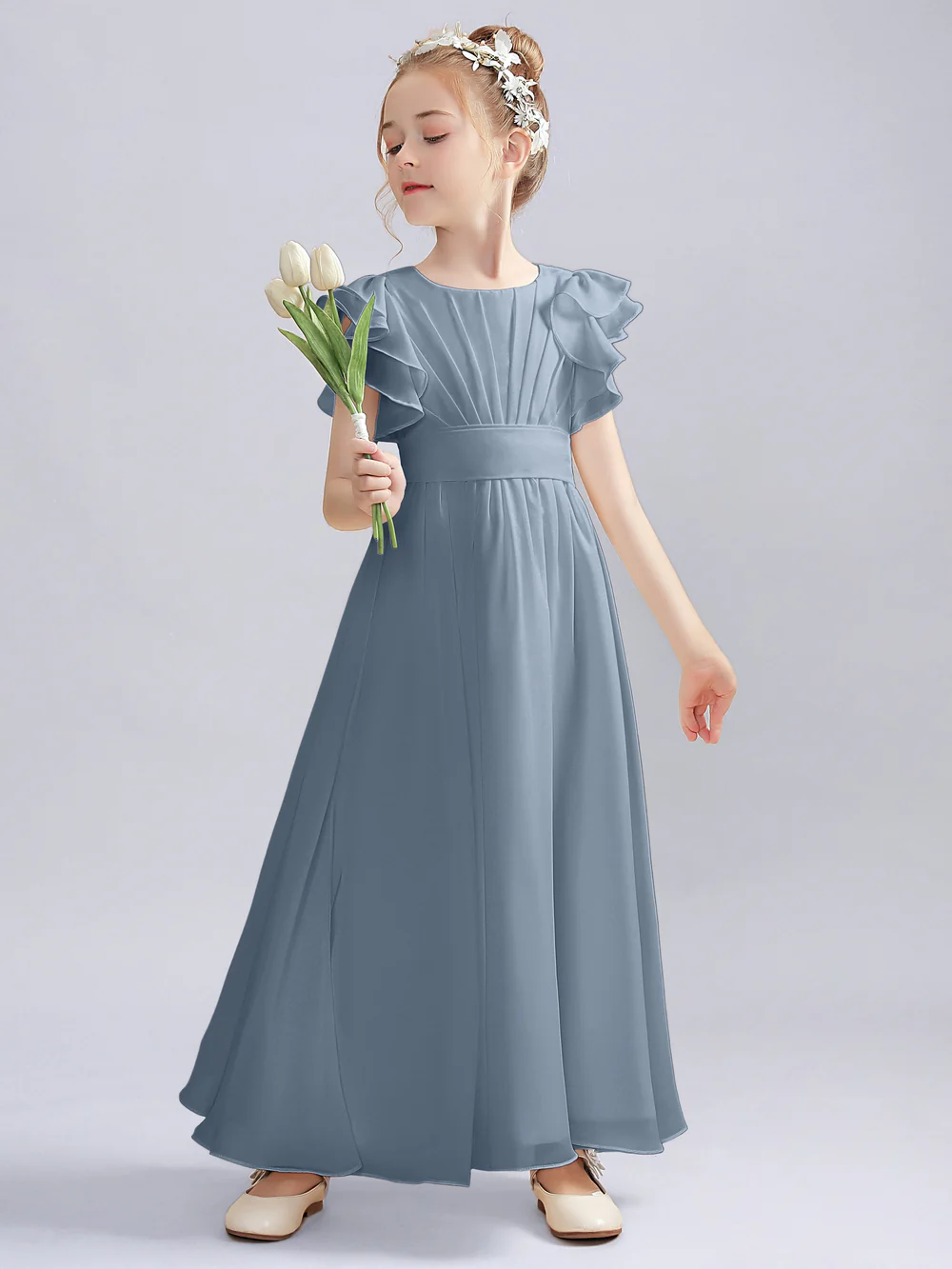A-Line Flutter straps Scoop Neck Floor-Length Ivory Chiffon Flower Girl Dresses/First Communion Dress Gidiondress