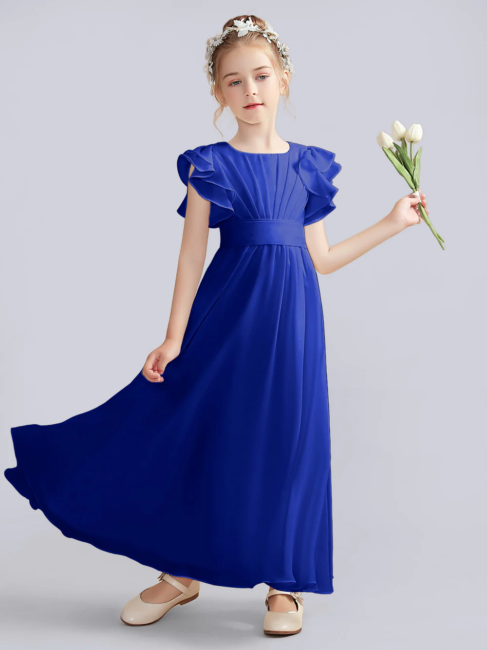A-Line Flutter straps Scoop Neck Floor-Length Ivory Chiffon Flower Girl Dresses/First Communion Dress Gidiondress