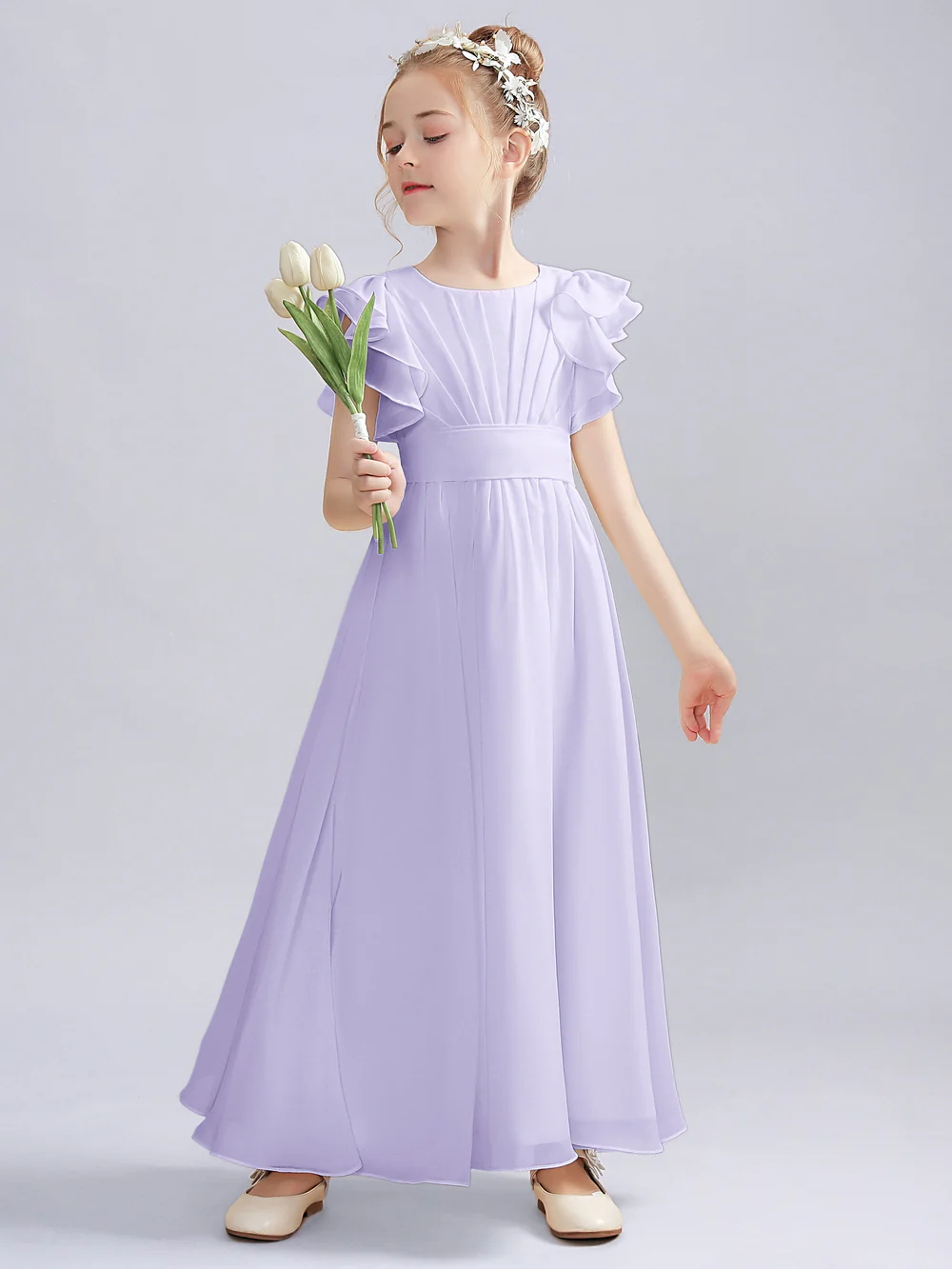 A-Line Flutter straps Scoop Neck Floor-Length Ivory Chiffon Flower Girl Dresses/First Communion Dress Gidiondress