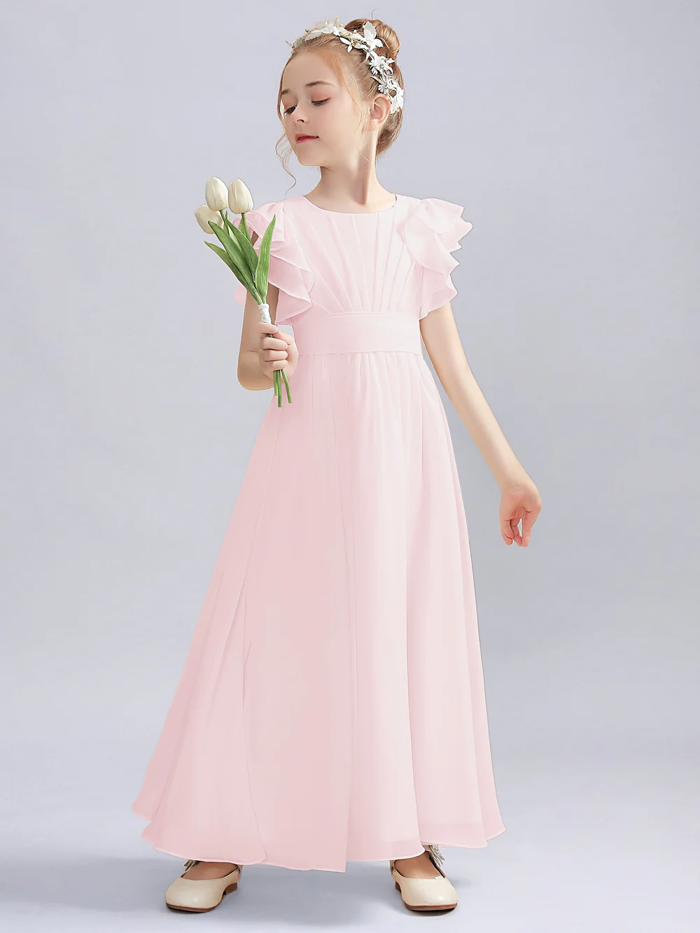 A-Line Flutter straps Scoop Neck Floor-Length Ivory Chiffon Flower Girl Dresses/First Communion Dress Gidiondress