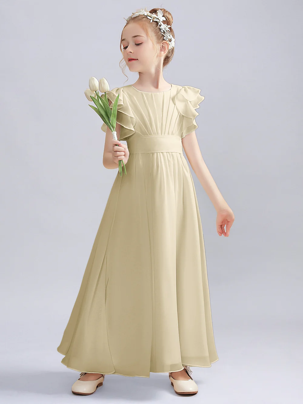 A-Line Flutter straps Scoop Neck Floor-Length Ivory Chiffon Flower Girl Dresses/First Communion Dress Gidiondress