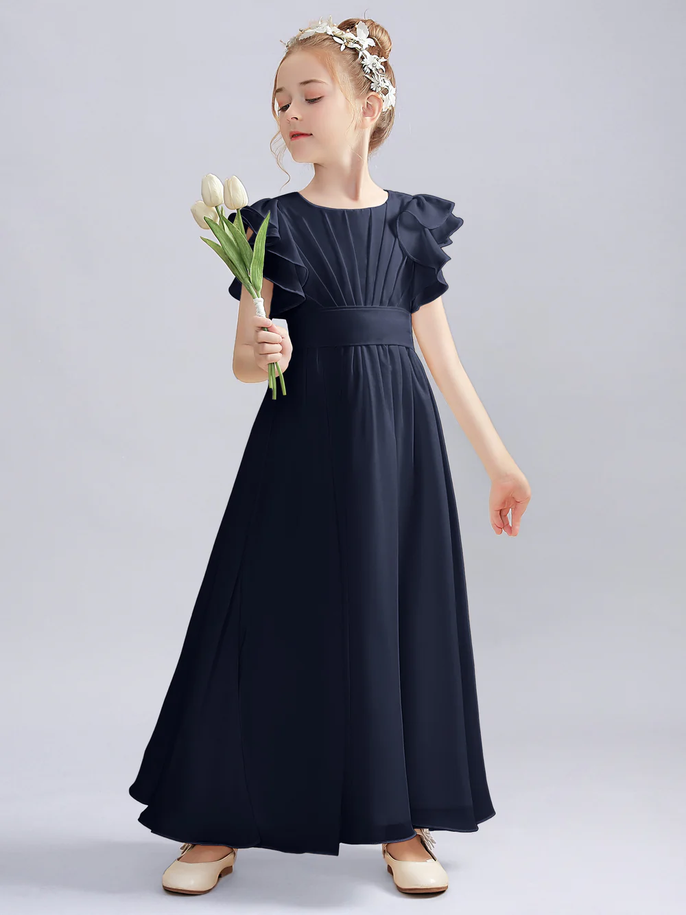 A-Line Flutter straps Scoop Neck Floor-Length Ivory Chiffon Flower Girl Dresses/First Communion Dress Gidiondress