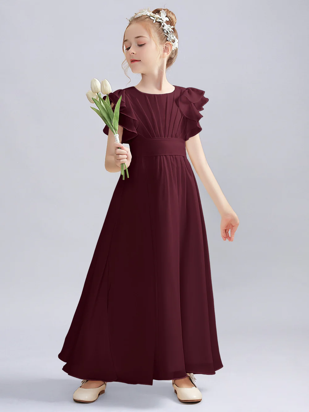 A-Line Flutter straps Scoop Neck Floor-Length Ivory Chiffon Flower Girl Dresses/First Communion Dress Gidiondress