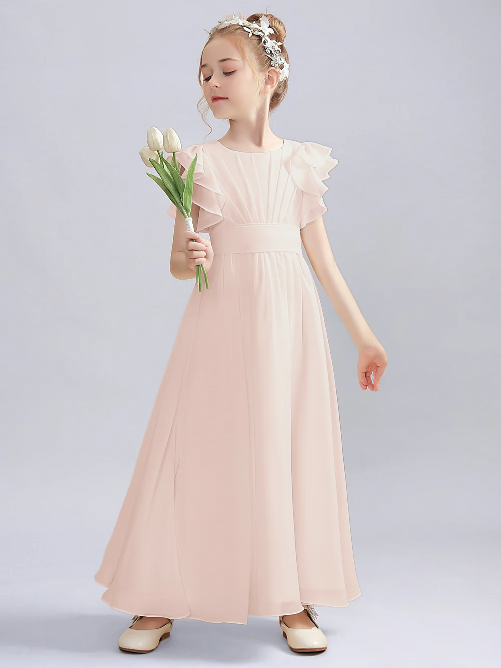 A-Line Flutter straps Scoop Neck Floor-Length Ivory Chiffon Flower Girl Dresses/First Communion Dress Gidiondress
