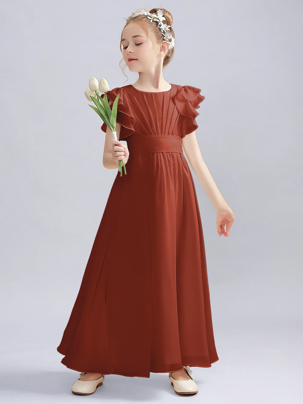 A-Line Flutter straps Scoop Neck Floor-Length Ivory Chiffon Flower Girl Dresses/First Communion Dress Gidiondress