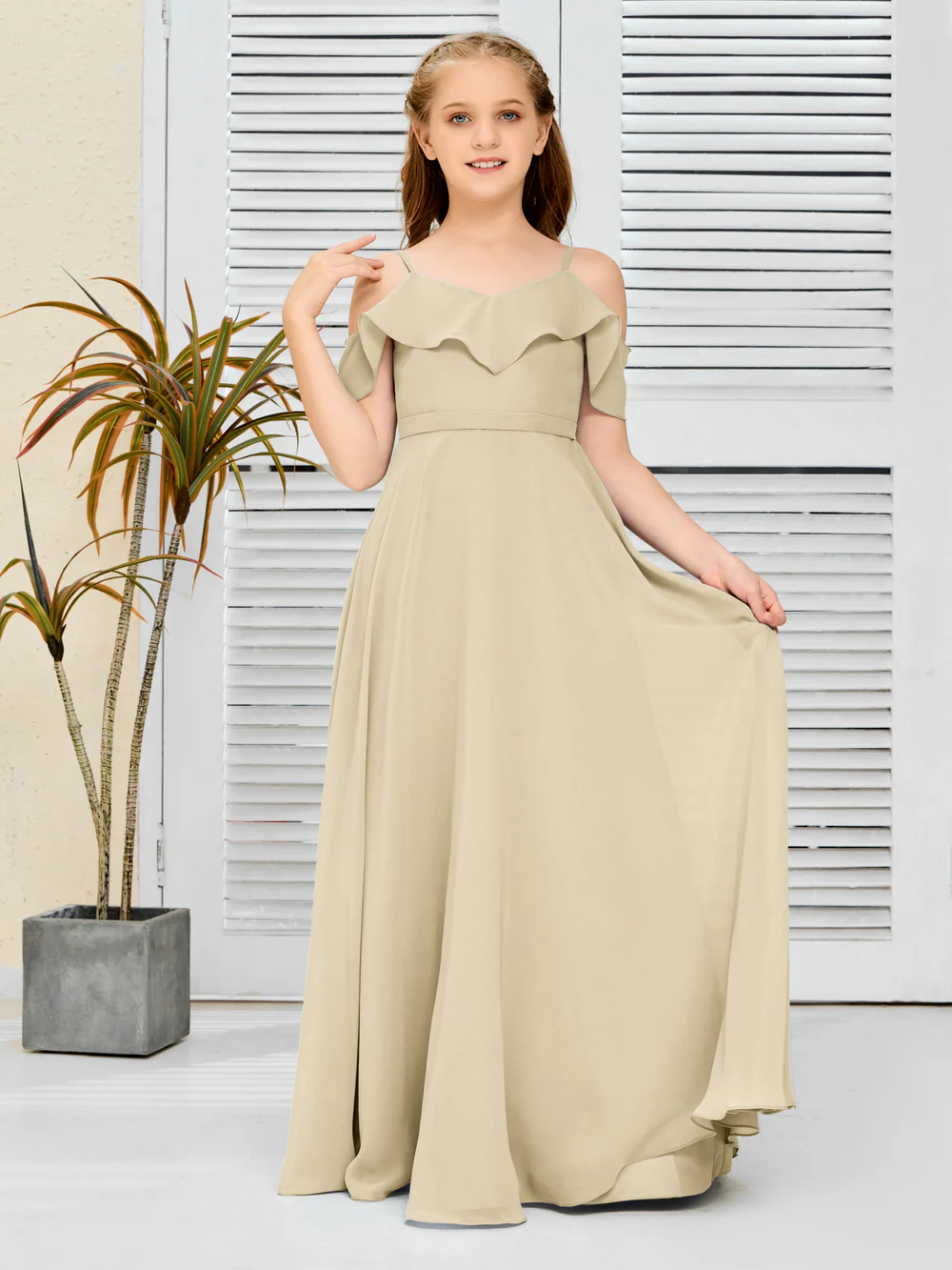Floor-Length Chiffon Jr Bridesmaid Dress/Girls dress Gidiondress Champagne 12M