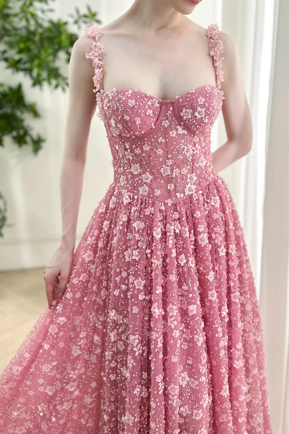 Romantic Pink Prom Dress Floral Embellished Evening Gown BabaMila
