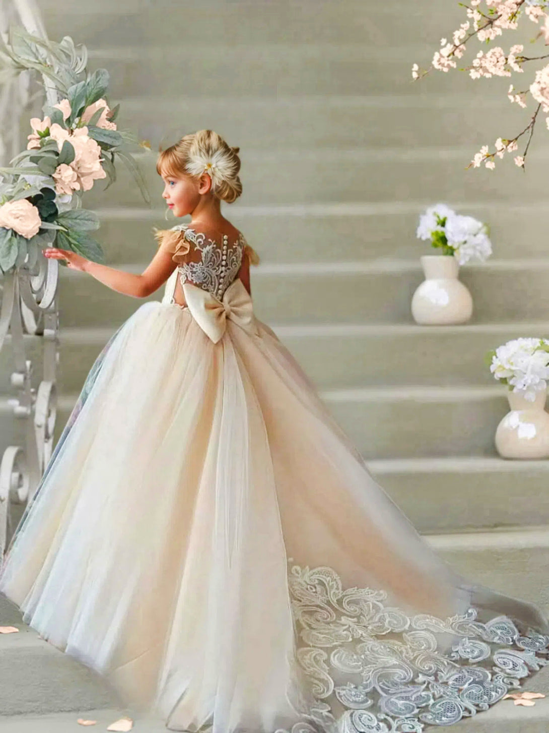 Flower Girls Dresses Sleeveless For Weddings Lace Appliques Ball Gown Birthday Girl Communion Pageant Gowns Light Champagne With Bow Girls Gidiondress
