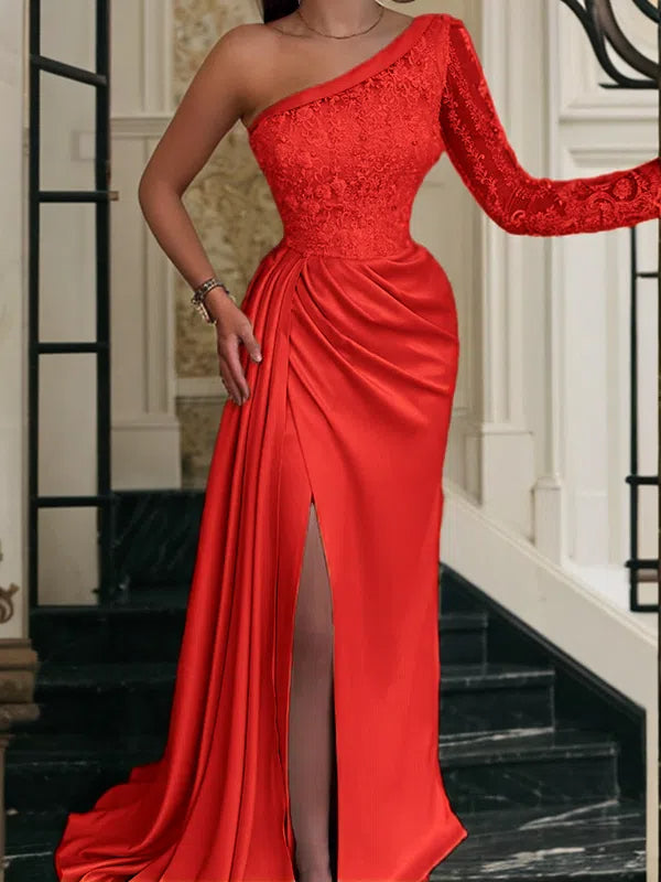 Sheath/Column Elastic Women Satin Prom Dress Lace One-Shoulder Long Sleeves Sweep/Brush Train Dresses BabaMila