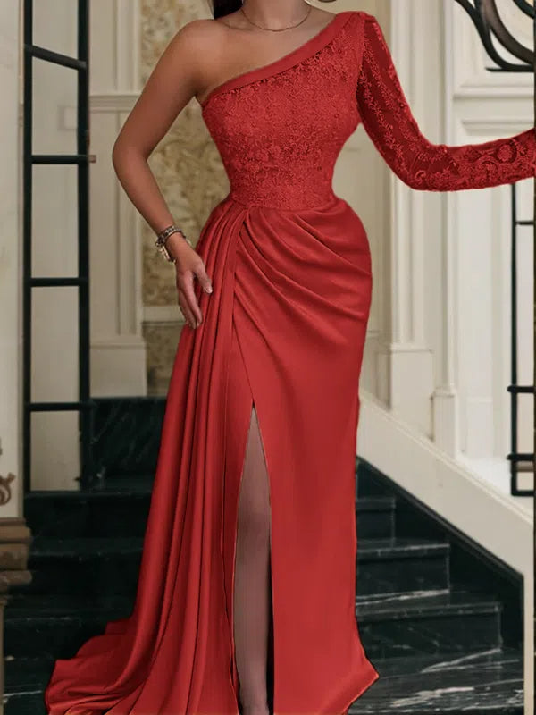 Sheath/Column Elastic Women Satin Prom Dress Lace One-Shoulder Long Sleeves Sweep/Brush Train Dresses BabaMila