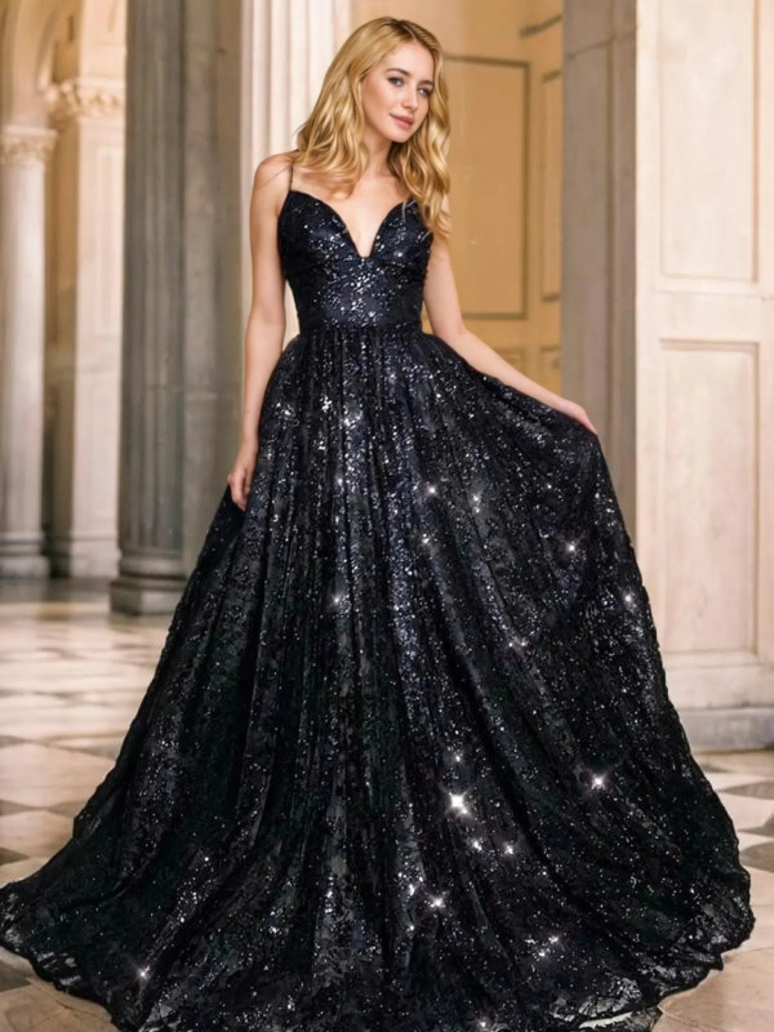 V-neck Sequins Prom Gown A-Line/Princess Floor-Length V-neck Sequin Sleeveless Sequins Dresses BabaMila