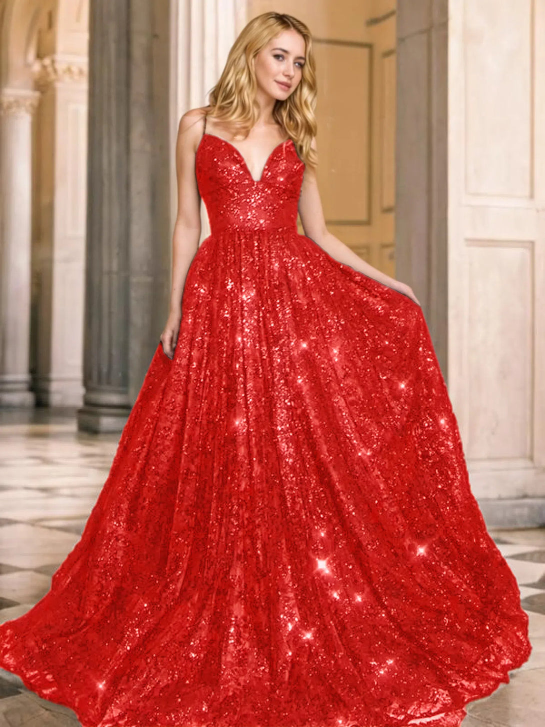 V-neck Sequins Prom Gown A-Line/Princess Floor-Length V-neck Sequin Sleeveless Sequins Dresses BabaMila