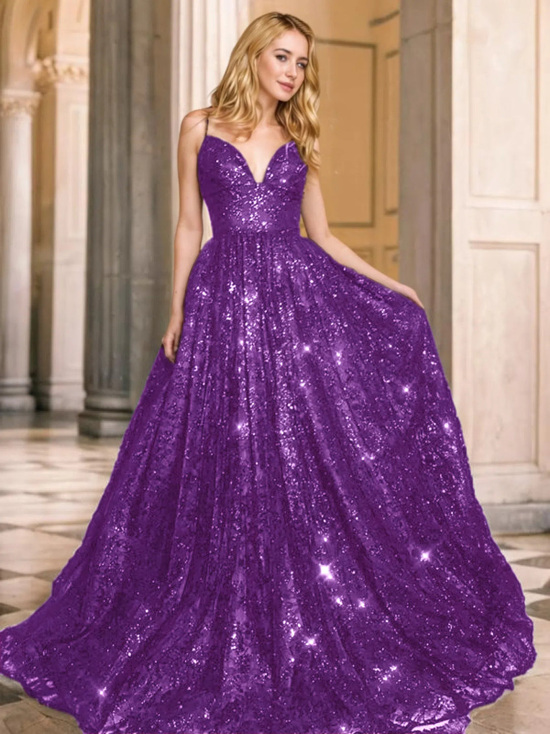 V-neck Sequins Prom Gown A-Line/Princess Floor-Length V-neck Sequin Sleeveless Sequins Dresses BabaMila