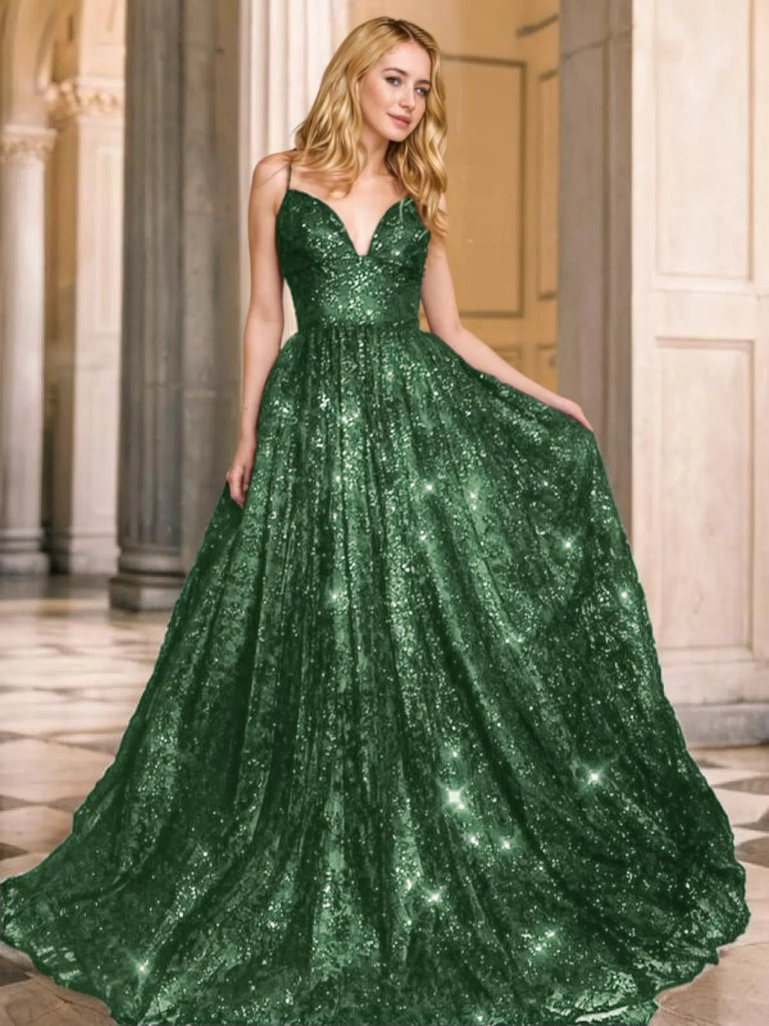 V-neck Sequins Prom Gown A-Line/Princess Floor-Length V-neck Sequin Sleeveless Sequins Dresses BabaMila