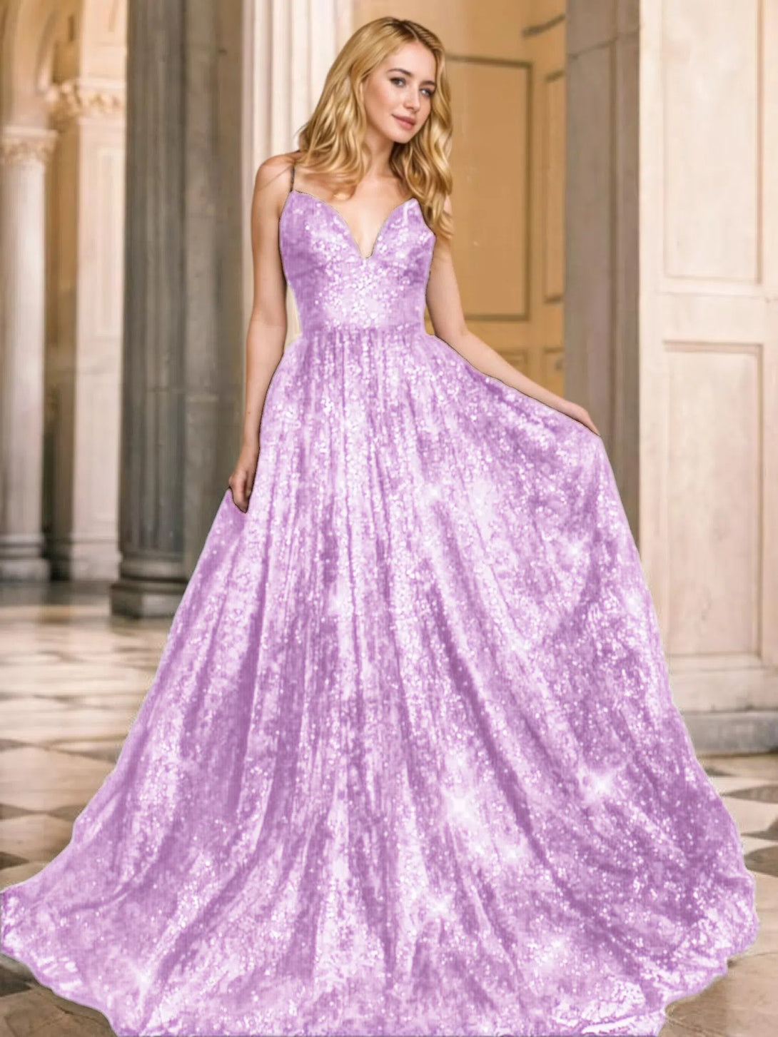 V-neck Sequins Prom Gown A-Line/Princess Floor-Length V-neck Sequin Sleeveless Sequins Dresses BabaMila