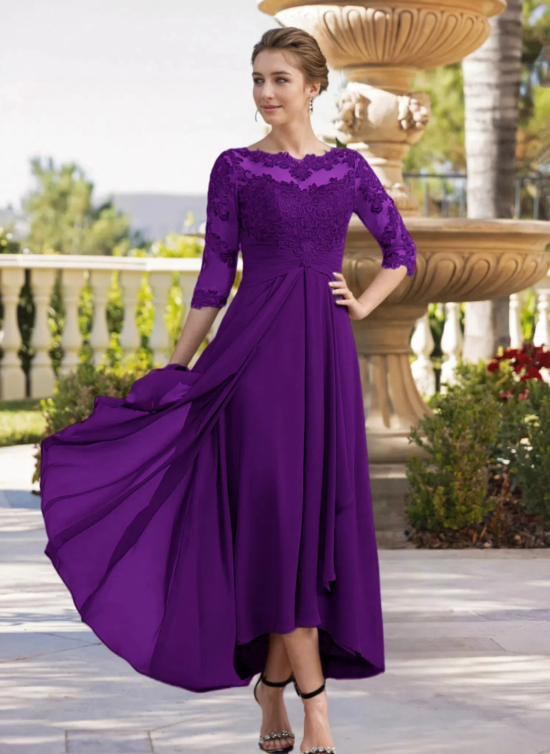 A-line Bateau 3/4 Sleeves Ruffles Asymmetrical Chiffon Lace Mother of the Bride Dress BabaMila