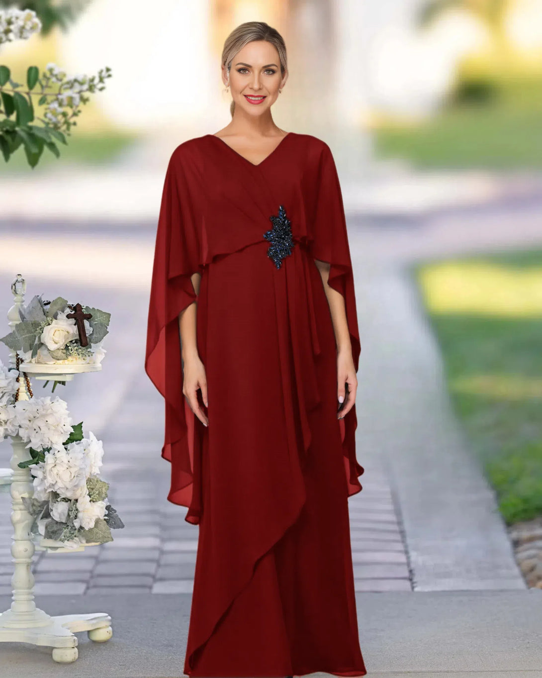 V Neck A Line Chiffon Floor Length Mother Of The Bride Dress BabaMila