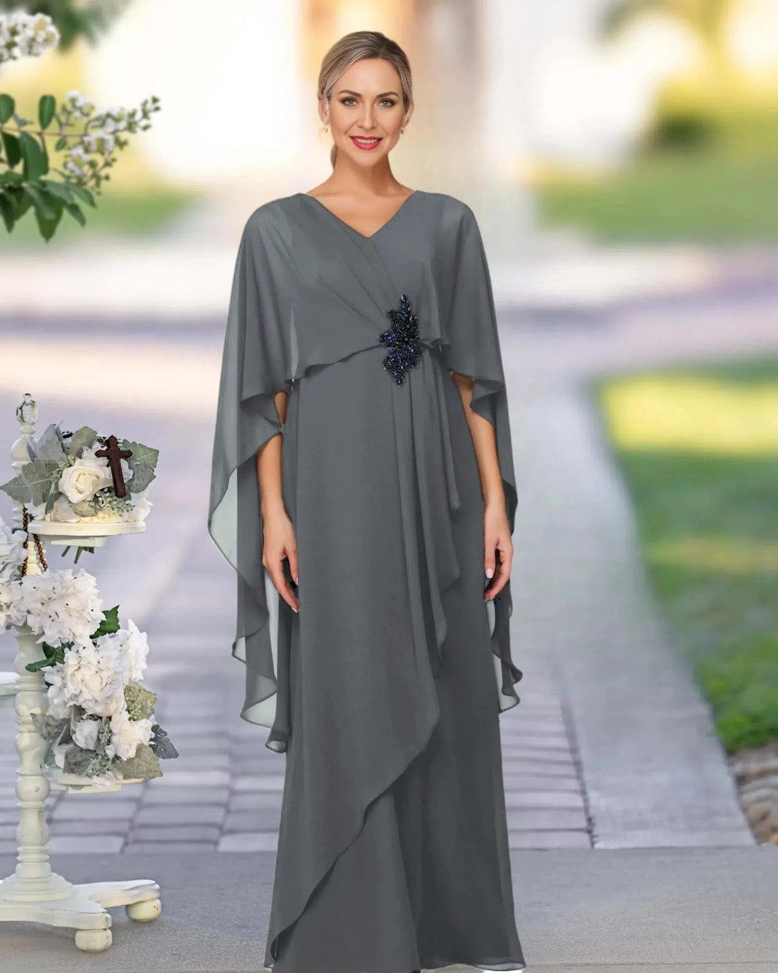 V Neck A Line Chiffon Floor Length Mother Of The Bride Dress BabaMila