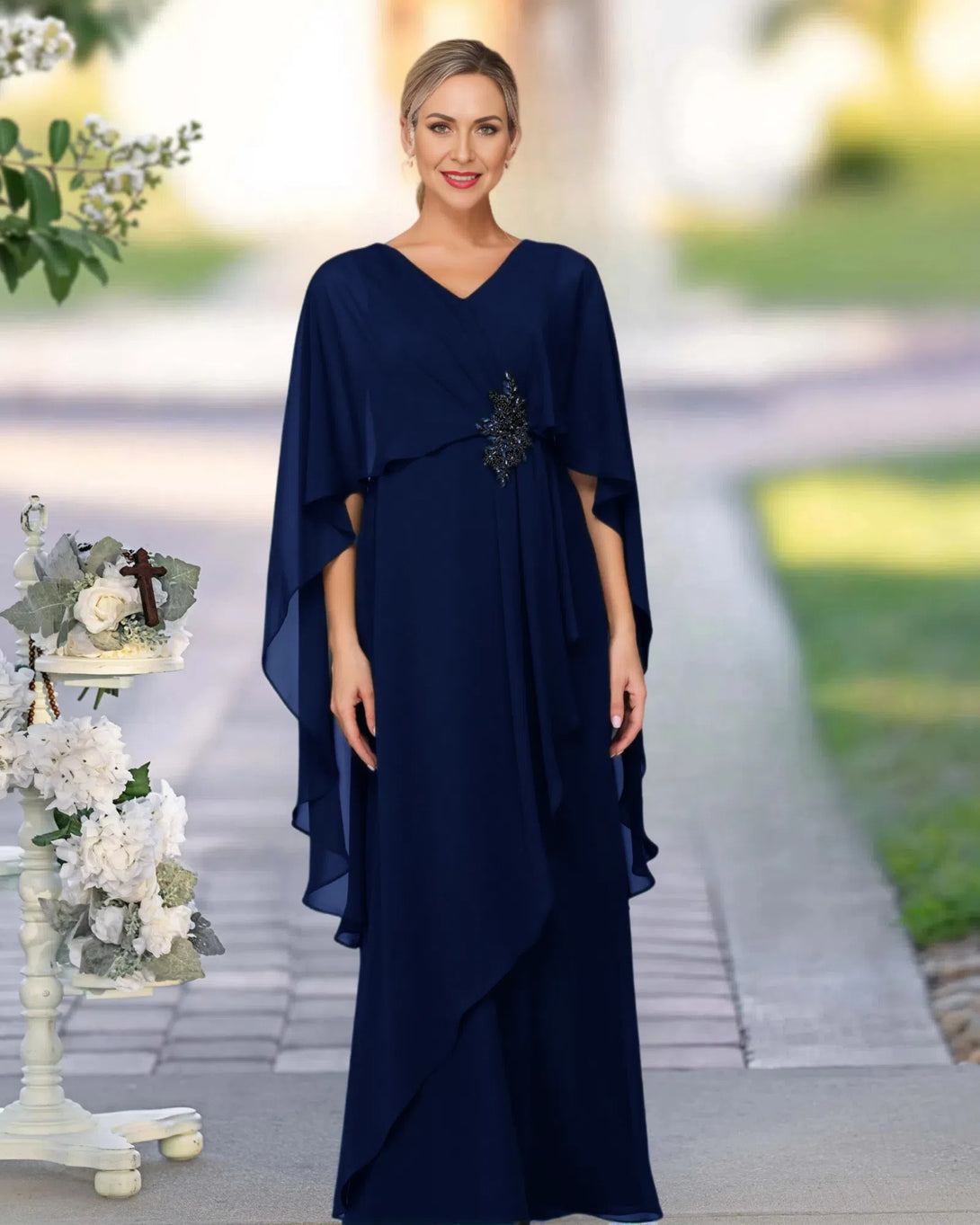 V Neck A Line Chiffon Floor Length Mother Of The Bride Dress BabaMila