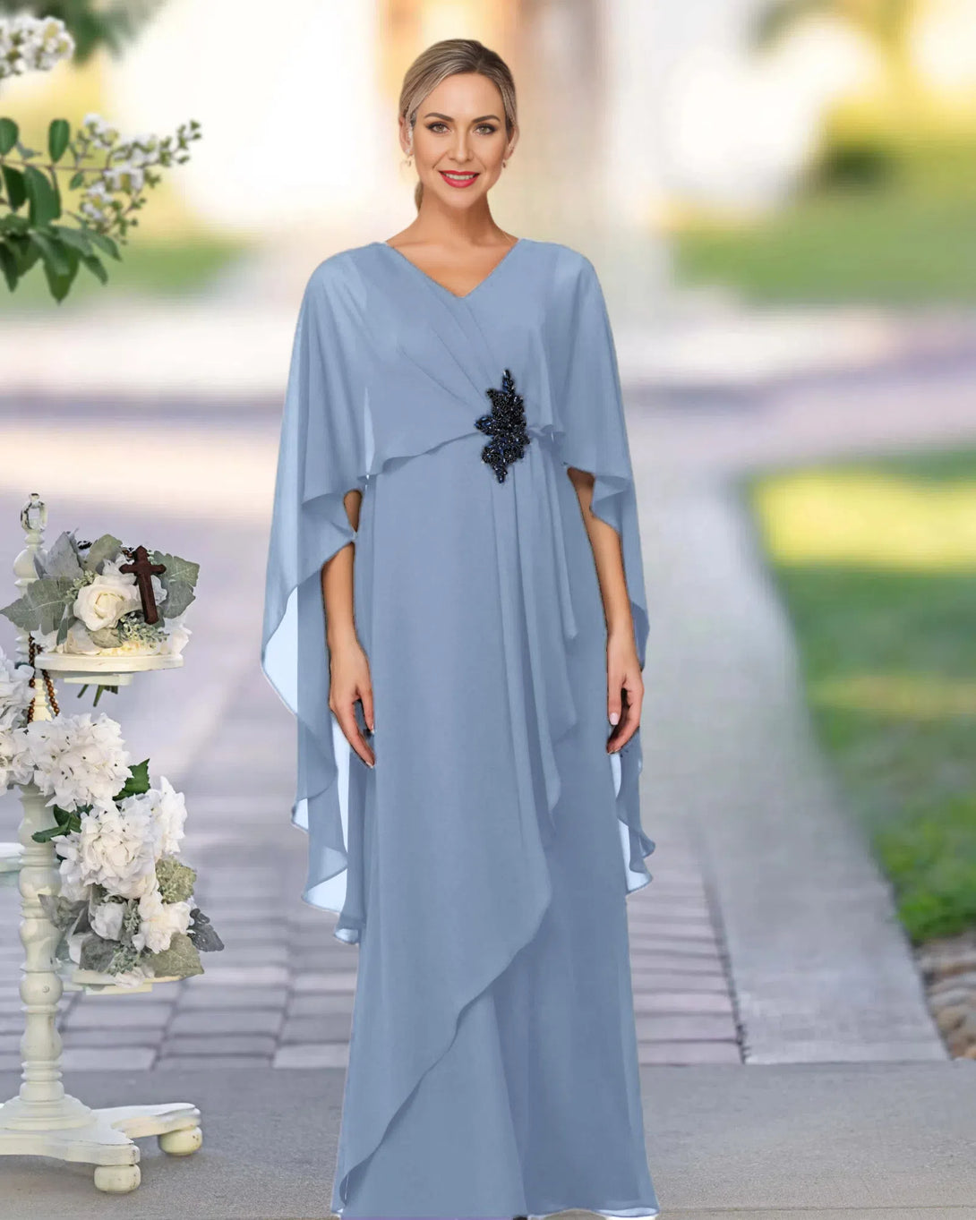 V Neck A Line Chiffon Floor Length Mother Of The Bride Dress BabaMila