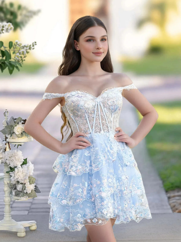 A-Line Sweetheart Tiered Sky Blue Short Homecoming Dress BabaMila