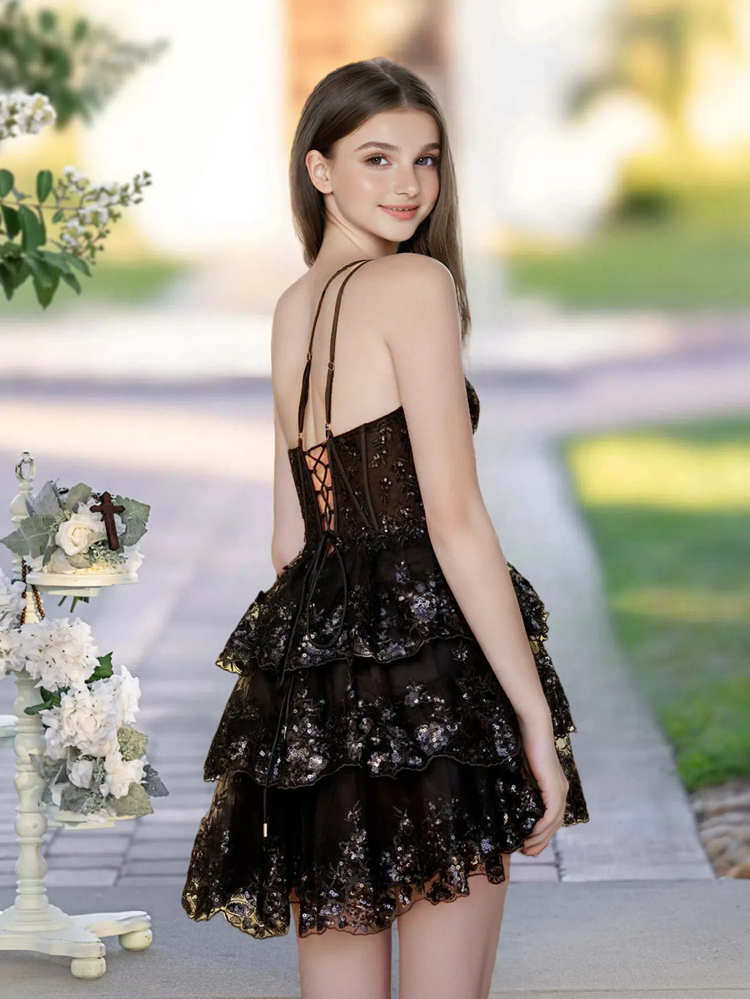 A Line One Shoulder Black Lace Short Homecoming Dress BabaMila