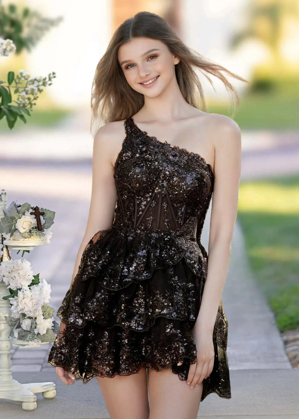 A Line One Shoulder Black Lace Short Homecoming Dress BabaMila
