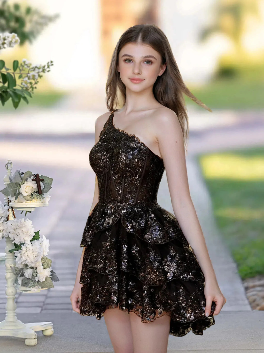 A Line One Shoulder Black Lace Short Homecoming Dress BabaMila