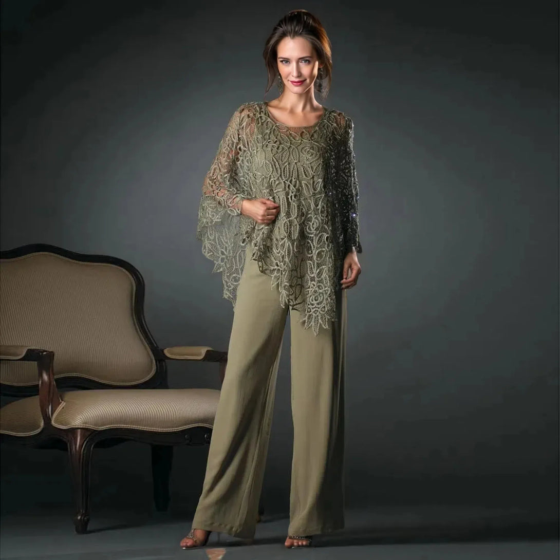 Mother Of The Bride Pantsuit Evening Dresses 3 Pcs Woman Suit With Lace Irregual Jacket Chiffon Pantsuit Custom Dress Plus Size BabaMila