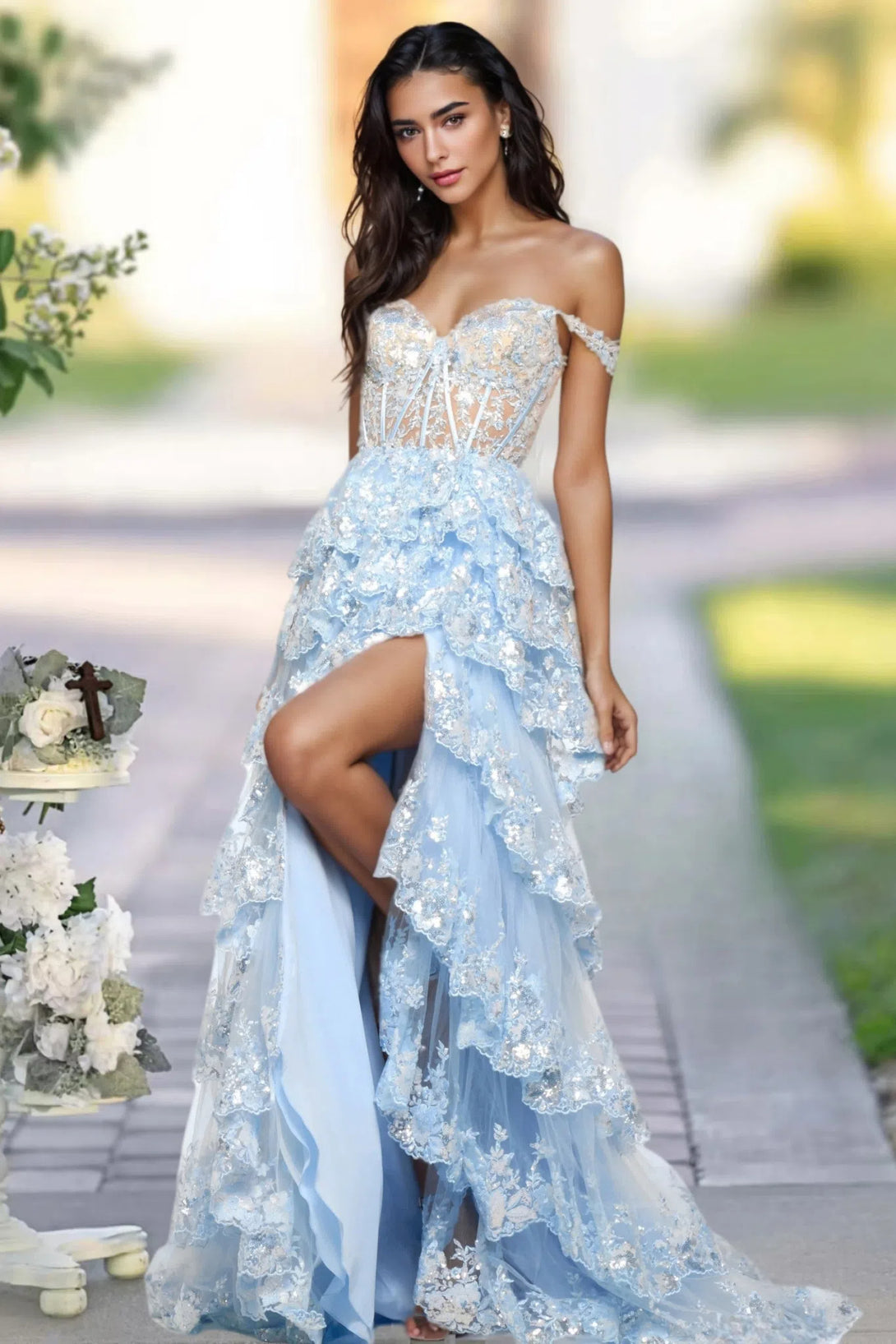 A-Line Lace Off-the-Shoulder Tiered Long Dusty Blue Prom Dress with Slit BabaMila