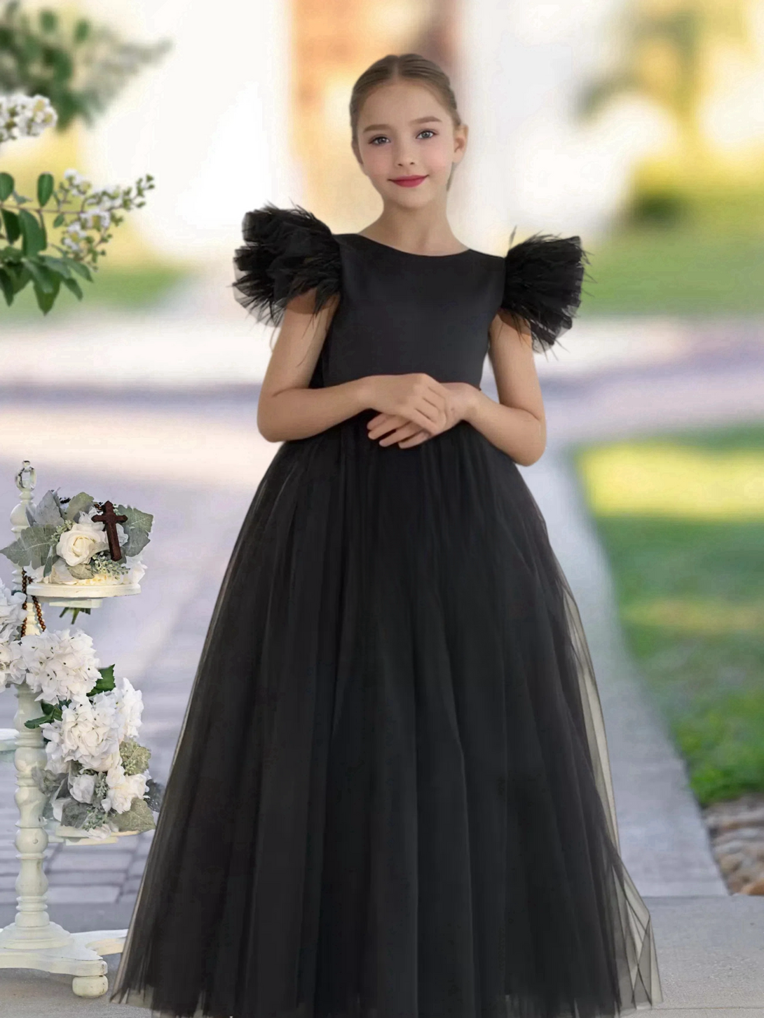 Scoop Neck Flutter Straps Floor-Length Satin/Tulle Girls Birthday Dresses With Bow Gidiondress