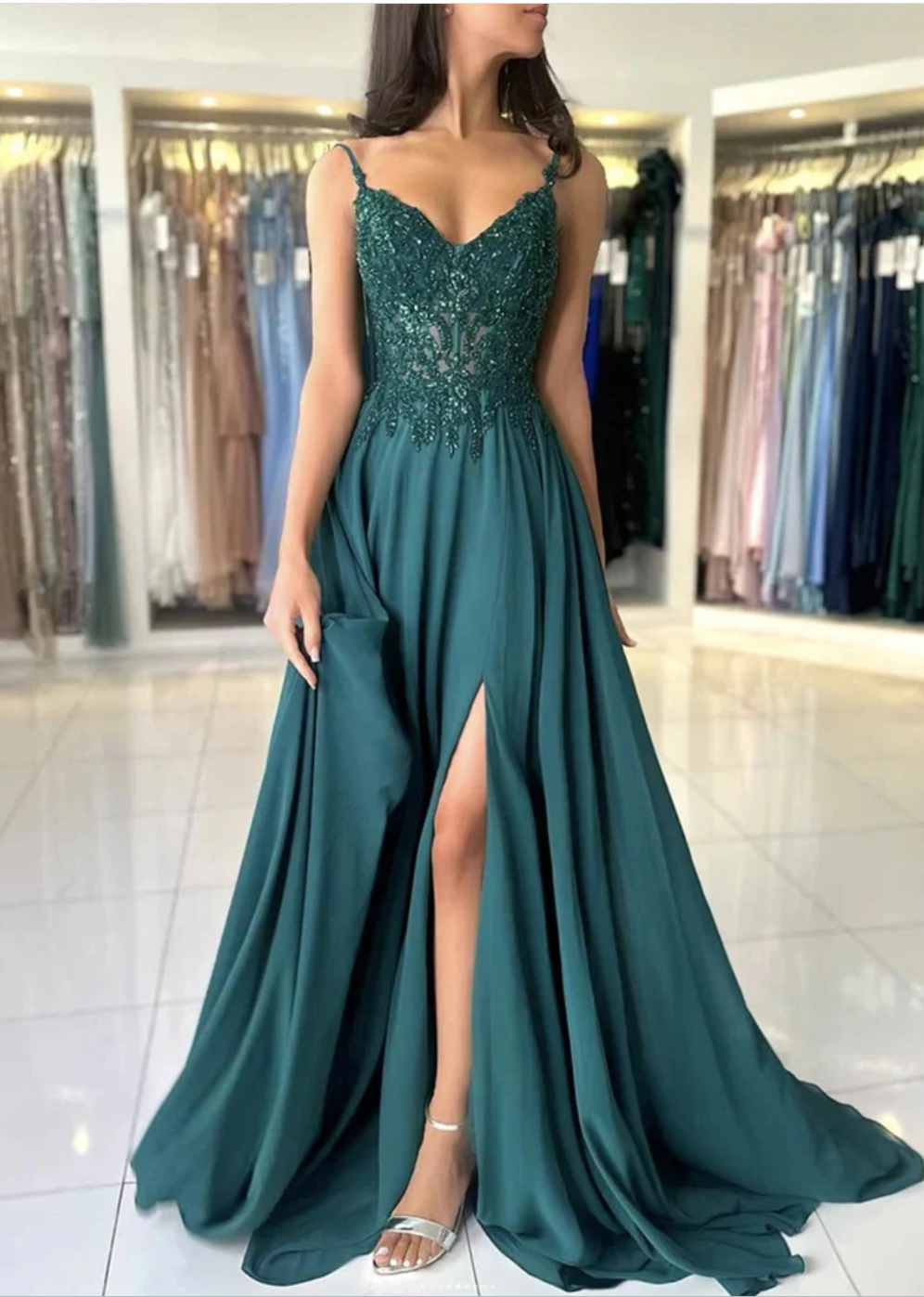 A Line V Neck Dark Green Lace Prom Dresses, A Line V Nec Dark Green Lace Formal Evening Dresses BabaMila