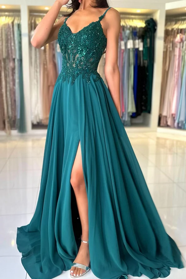 A Line V Neck Dark Green Lace Prom Dresses, A Line V Nec Dark Green Lace Formal Evening Dresses BabaMila