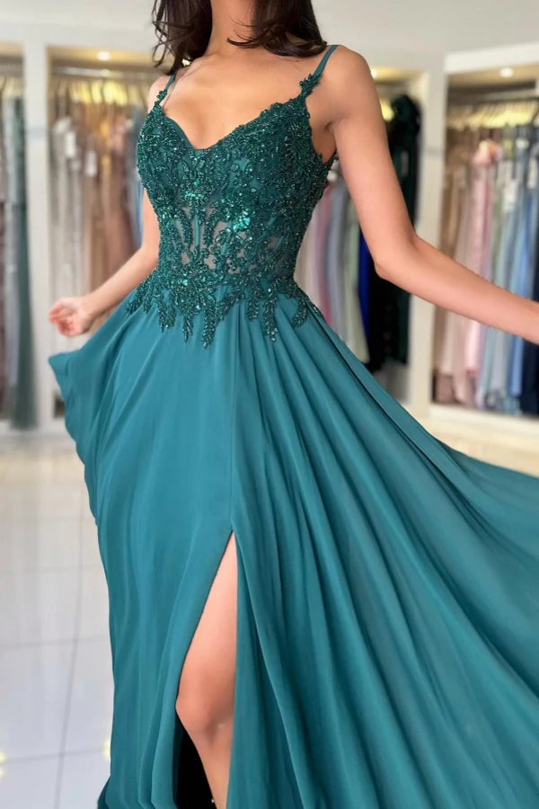 A Line V Neck Dark Green Lace Prom Dresses, A Line V Nec Dark Green Lace Formal Evening Dresses BabaMila
