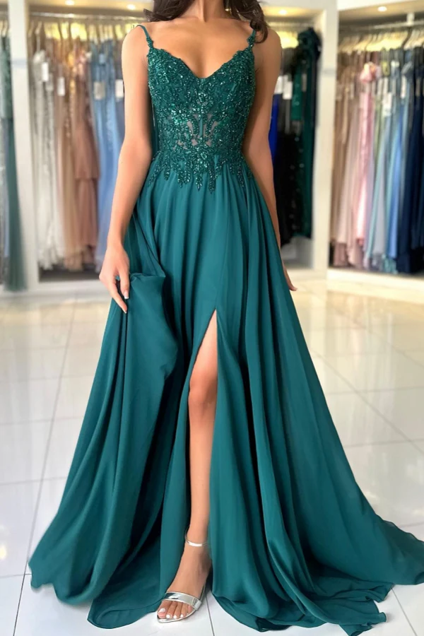A Line V Neck Dark Green Lace Prom Dresses, A Line V Nec Dark Green Lace Formal Evening Dresses BabaMila