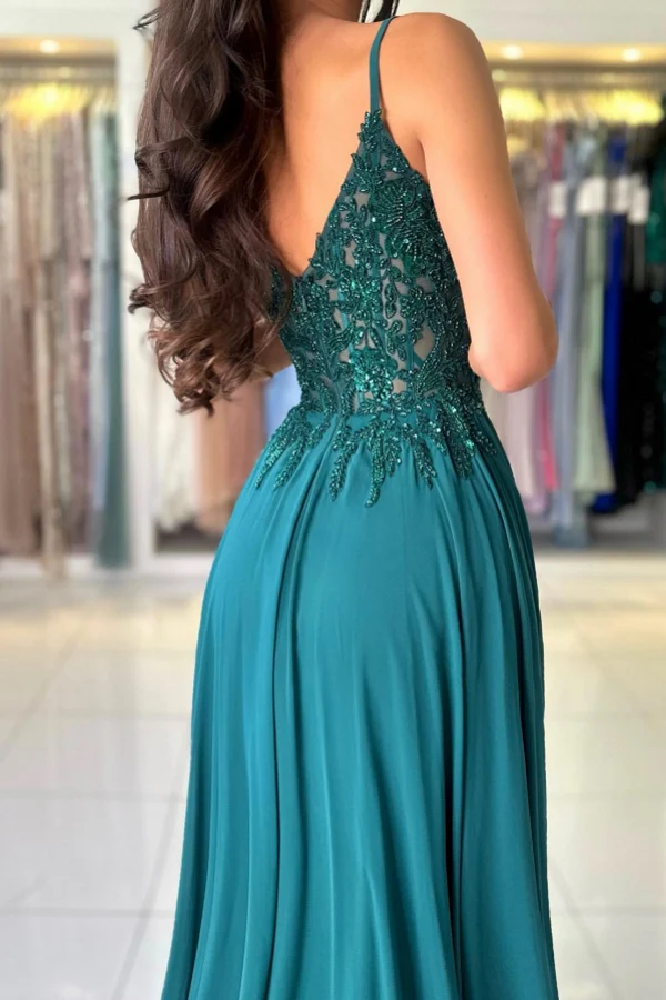 A Line V Neck Dark Green Lace Prom Dresses, A Line V Nec Dark Green Lace Formal Evening Dresses BabaMila