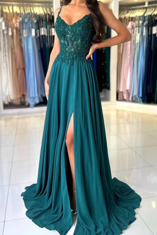 A Line V Neck Dark Green Lace Prom Dresses, A Line V Nec Dark Green Lace Formal Evening Dresses BabaMila