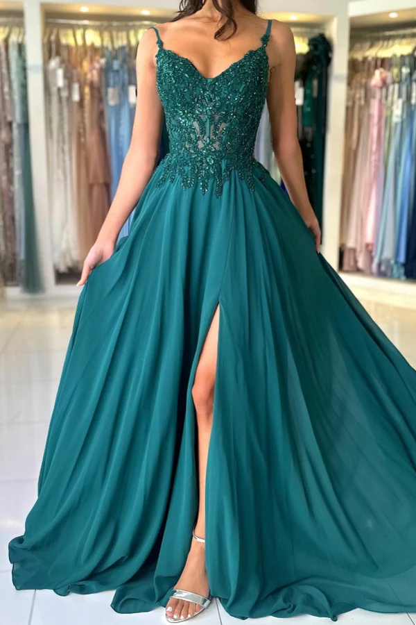 A Line V Neck Dark Green Lace Prom Dresses, A Line V Nec Dark Green Lace Formal Evening Dresses BabaMila