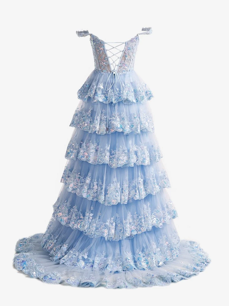 A-Line Lace Off-the-Shoulder Tiered Long Dusty Blue Prom Dress with Slit BabaMila