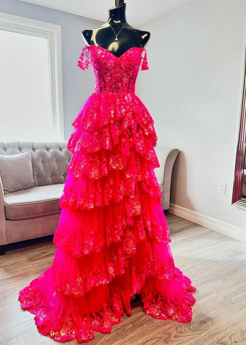 A-Line Lace Off-the-Shoulder Tiered Long Dusty Blue Prom Dress with Slit BabaMila