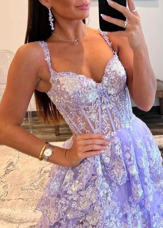 A-Line Lace Off-the-Shoulder Tiered Long Dusty Blue Prom Dress with Slit BabaMila