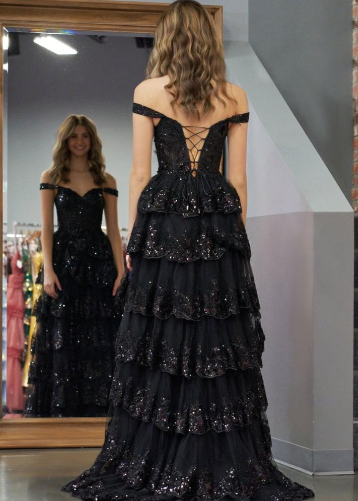 A-Line Lace Off-the-Shoulder Tiered Long Dusty Blue Prom Dress with Slit BabaMila