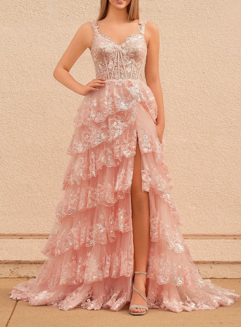 A-Line Lace Off-the-Shoulder Tiered Long Dusty Blue Prom Dress with Slit BabaMila