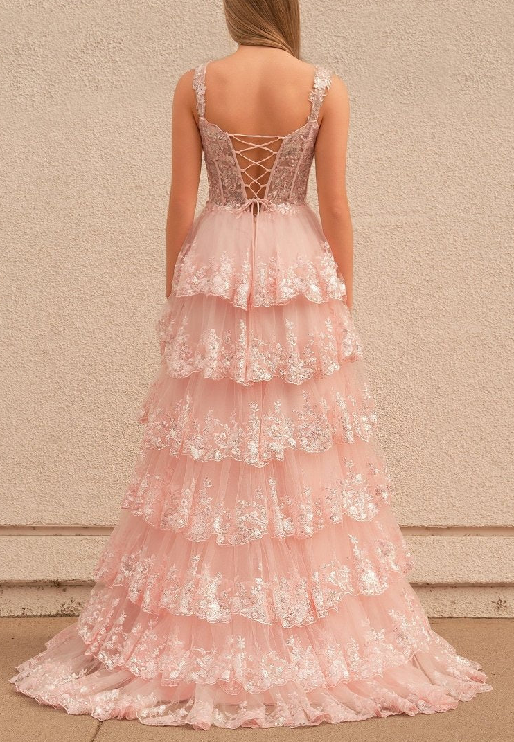 A-Line Lace Off-the-Shoulder Tiered Long Dusty Blue Prom Dress with Slit BabaMila