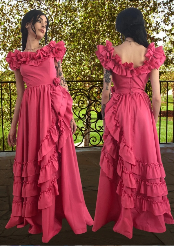 80s Vintage Pink Disco Taffeta Prom Gown With Ruffles Footloose Dress Formal Southern Belle 1800s Style Ballgown BabaMila