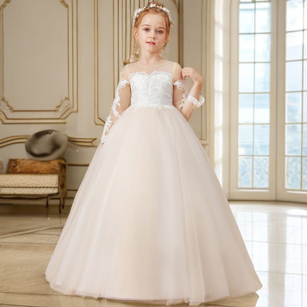 Ball Gown Long Sleeve Scoop Neck Floor-Length Lace/Tulle Flower Girl Dresses/First Communion Dress With Appliques Gidiondress
